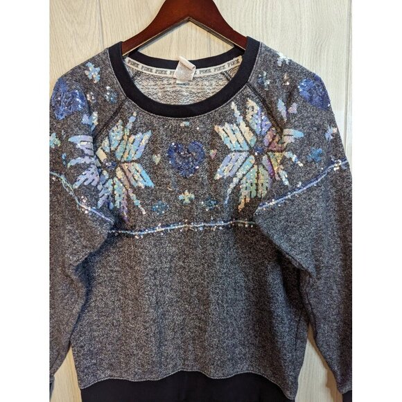 PINK by Victoria's Secret Gray Crewneck  Sequenced Snowflakes Winter XS - Picture 2 of 7